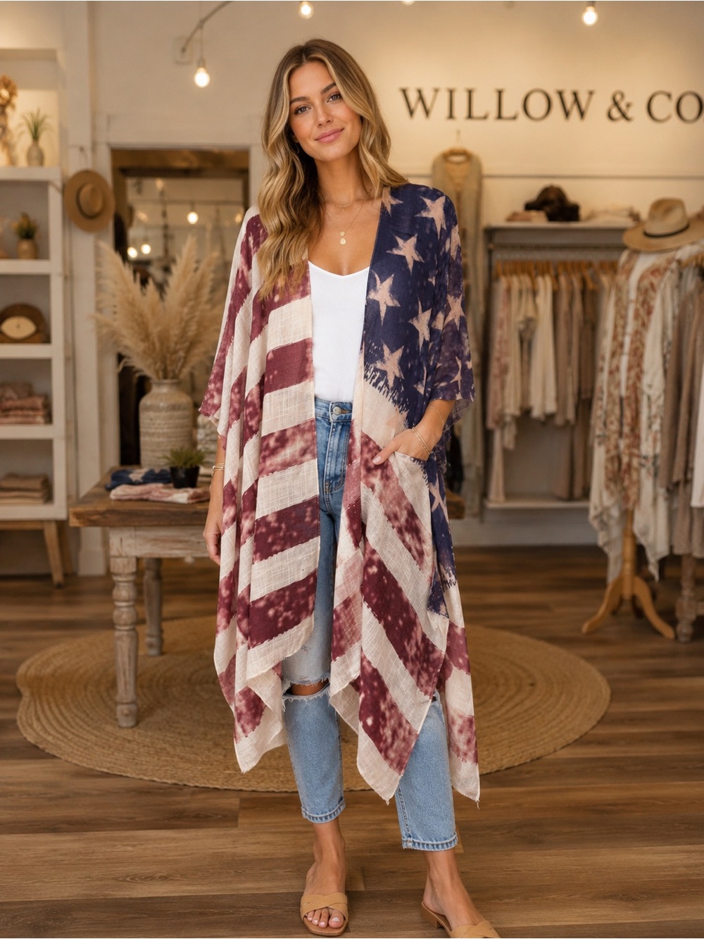 Lightweight Flag-Print Kimono in Navy & Cream